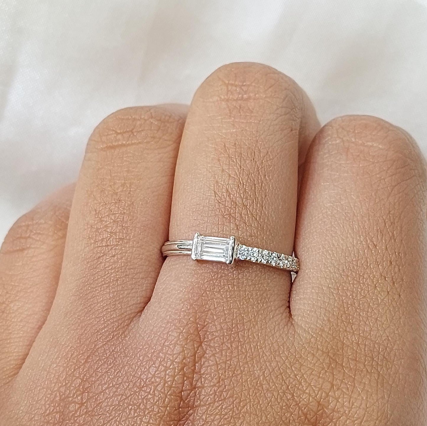 Baguette Lab Diamond Stacking Ring Baguette cut Moissanite Brilliant Cut engagement ring in 935 Argentium Silver — custom handcrafted by Forever For Love