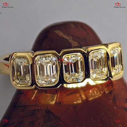 Emerald Cut Moissanite Anniversary Band - Half Eternity Wedding Band in Solid Yellow Gold