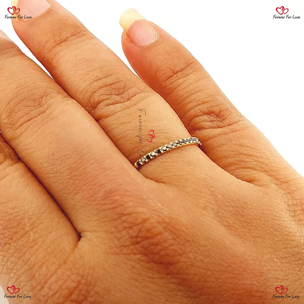 Dainty Black Diamond Half Eternity Ring - Pave Set Stacking Wedding Band for Women Genuine Diamonds Round cut Moissanite Brilliant Cut engagement ring in 935 Argentium Silver — custom handcrafted by Forever For Love