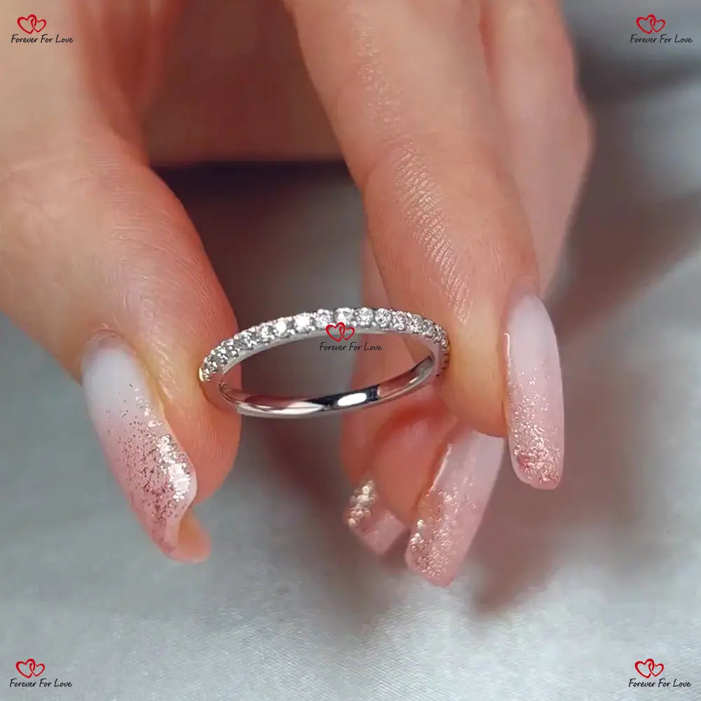 Dainty Diamond Half Eternity Ring / Half Eternity Diamond Wedding Band for Women Pave Set Stacking Ring / Real Genuine Diamonds Round cut Moissanite Brilliant Cut engagement ring in 935 Argentium Silver — custom handcrafted by Forever For Love