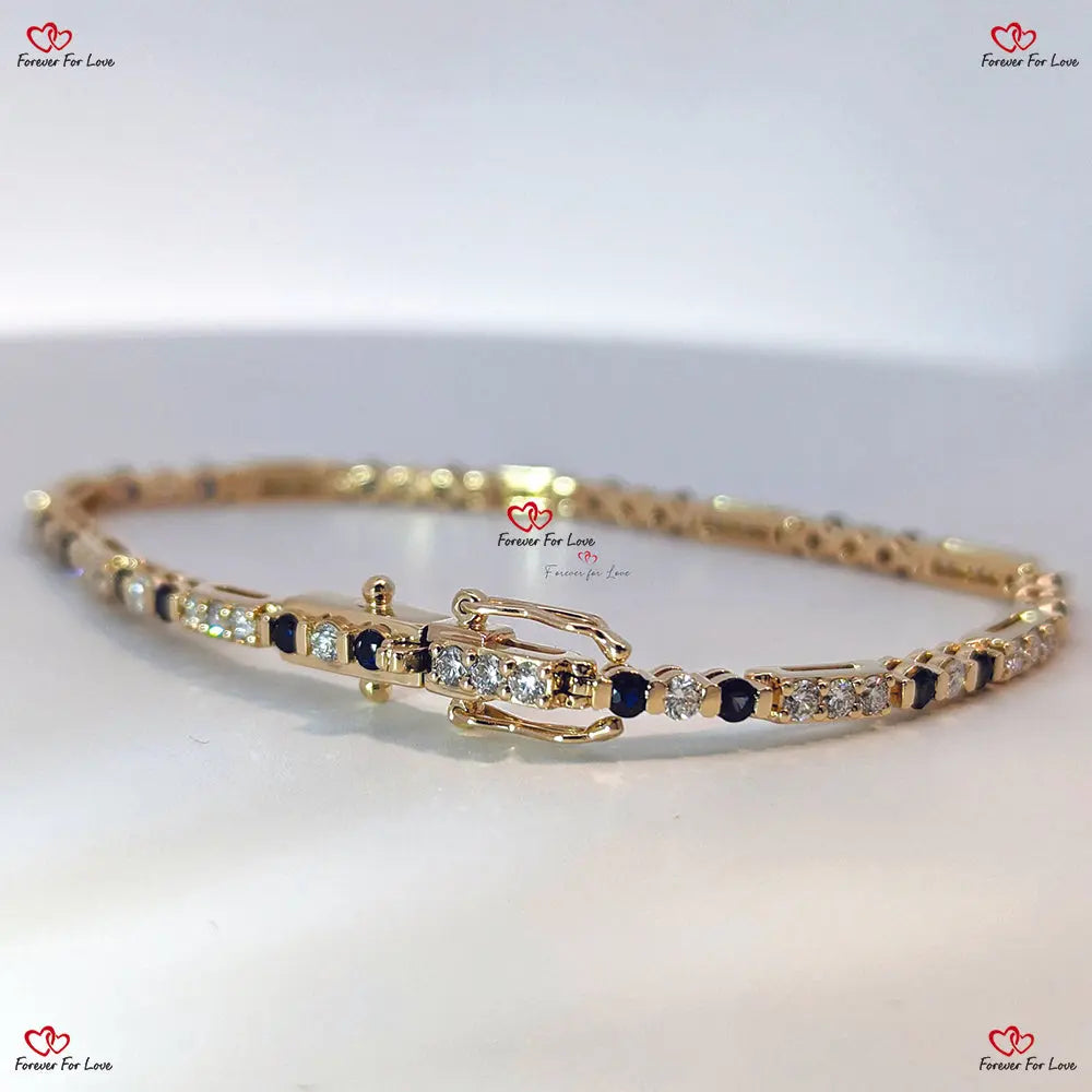 Diamond Tennis Bracelet in Gold - 2MM Round Diamonds and Sapphires Handmade Forever For Love