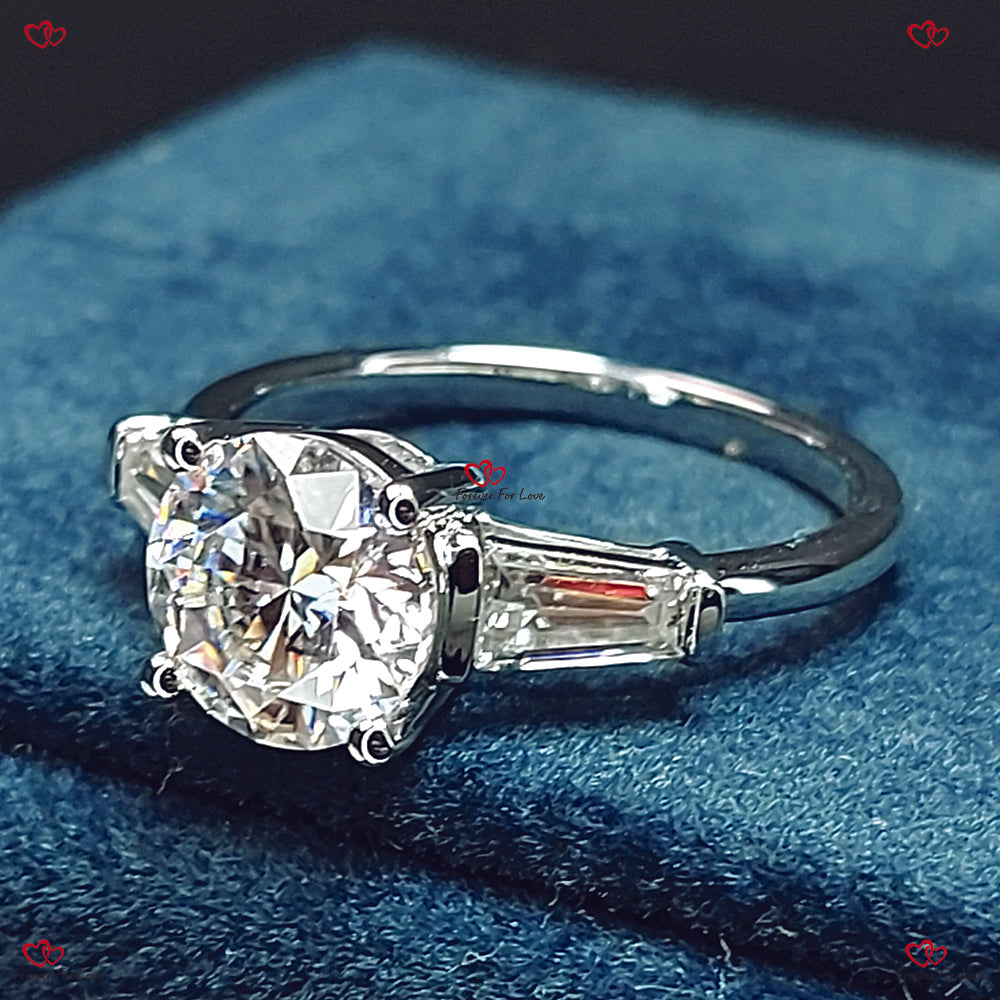 Certified Round Moissanite and Baguette Diamond Engagement Ring – Round Three-Stone Proposal & Anniversary Ring