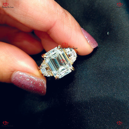 Emerald Cut and Moonstone Moissanite Engagement Ring | Three Stone Wedding Ring | Anniversary Ring | Trilogy Promise Proposal Ring | Forever For Love