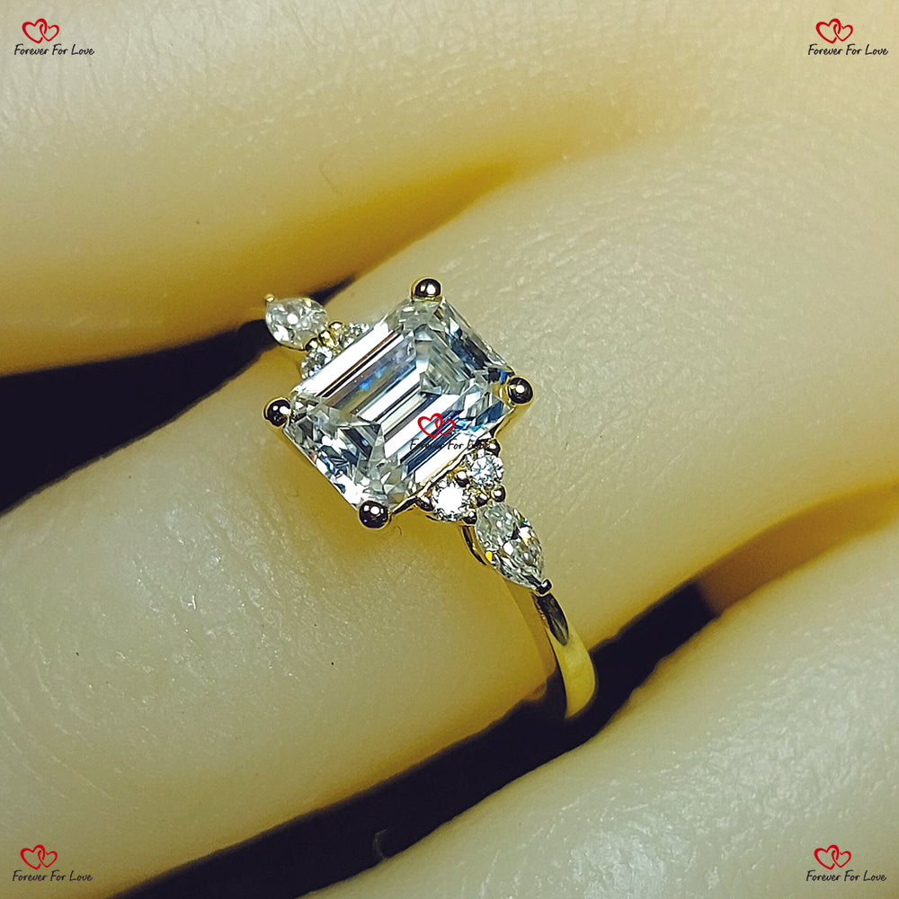 Vintage Emerald Cut Moissanite Engagement Ring – Unique Cluster Gold Engagement Ring with Marquise Diamond