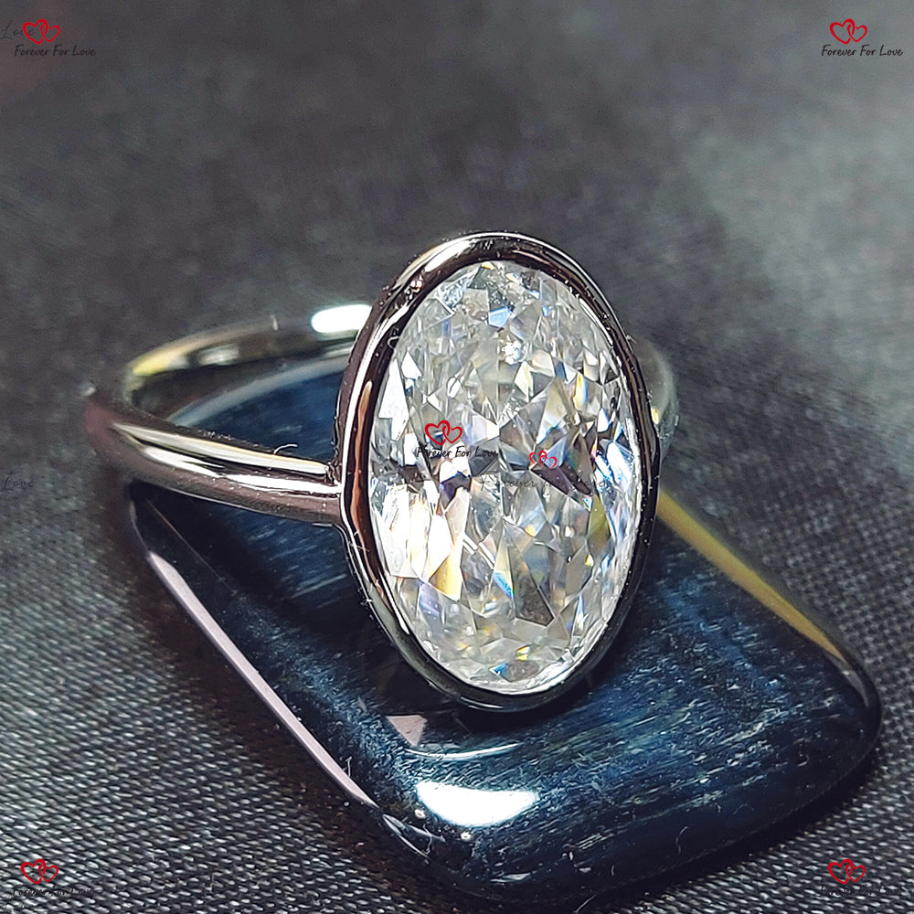 Moissanite Engagement Ring with Bezel Setting - 14*9mm Elongated Crushed Ice Oval Cut in Solid Yellow Gold