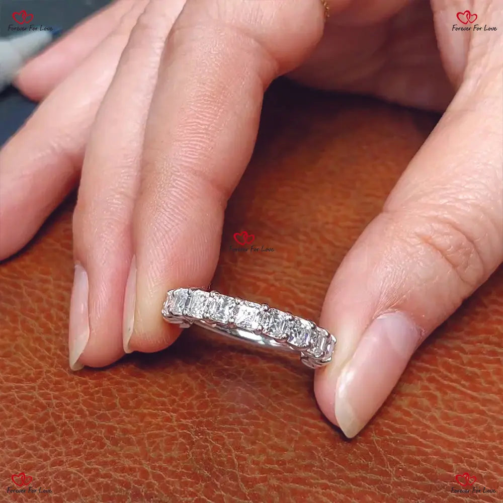 Asscher Cut Moissanite Half Eternity Band in Solid White Gold