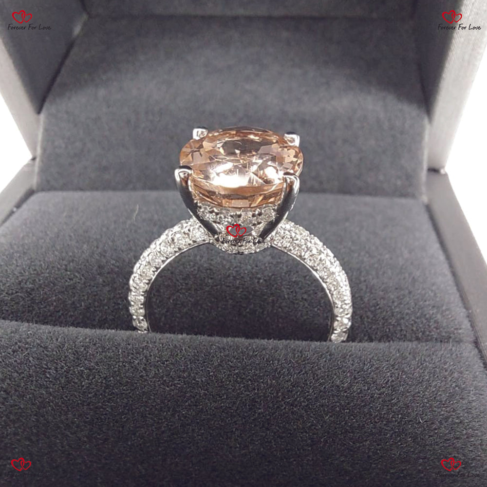 3 1/2 Carat Morganite Engagement Ring with Hidden Halo Diamonds.