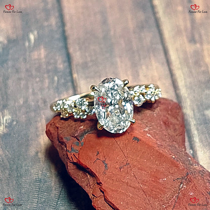 Unique Vintage Style  Hybrid Crushed Ice Oval Moissanite Ring – Cluster Diamond Engagement Ring in Solid Gold