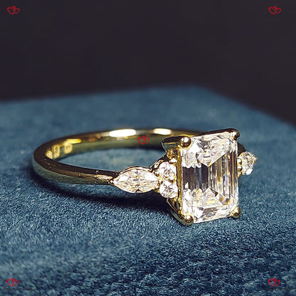 Vintage Emerald Cut Moissanite Engagement Ring – Unique Cluster Gold Engagement Ring with Marquise Diamond