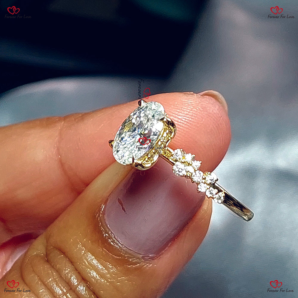 Unique Vintage Style  Hybrid Crushed Ice Oval Moissanite Ring – Cluster Diamond Engagement Ring in Solid Gold