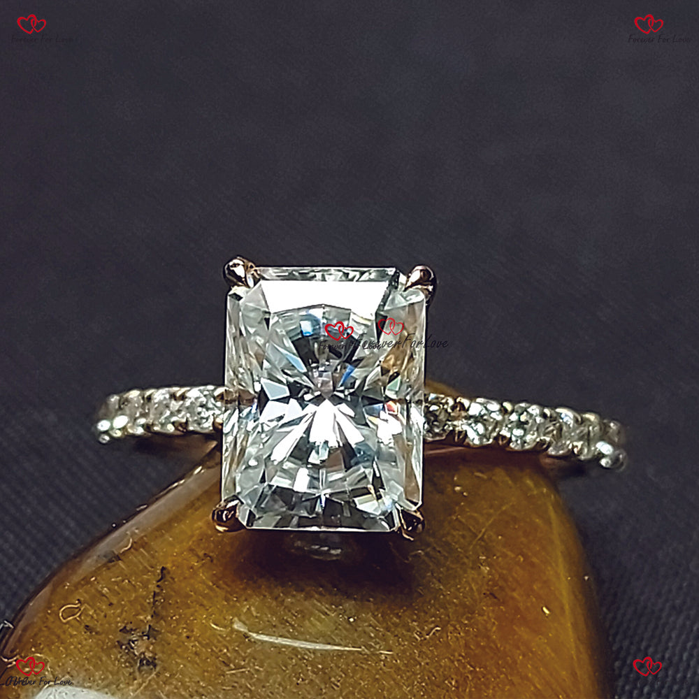 Radiant Cut Moissanite Engagement Ring | Pave Diamond | Modern/ White Gold