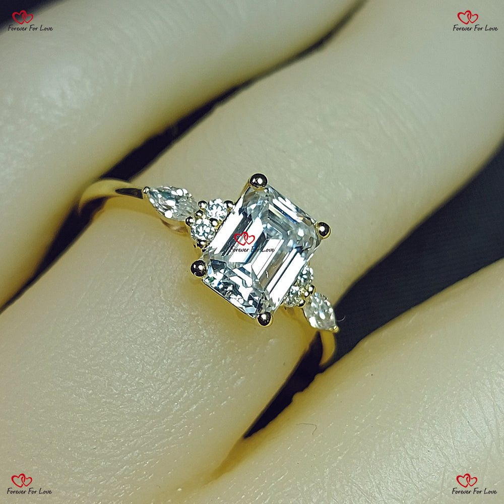 Vintage Emerald Cut Moissanite Engagement Ring – Unique Cluster Gold Engagement Ring with Marquise Diamond