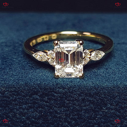 Vintage Emerald Cut Moissanite Engagement Ring – Unique Cluster Gold Engagement Ring with Marquise Diamond