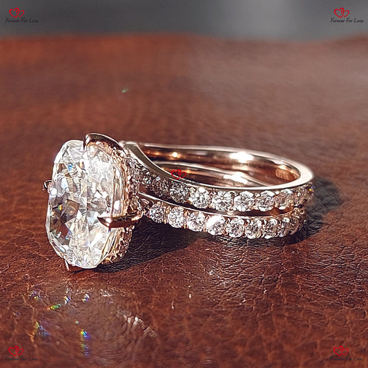 Unique Elongated Cushion Cut Moissanite Bridal Set – Crushed Ice Modern Vintage Engagement Ring in Solid Gold