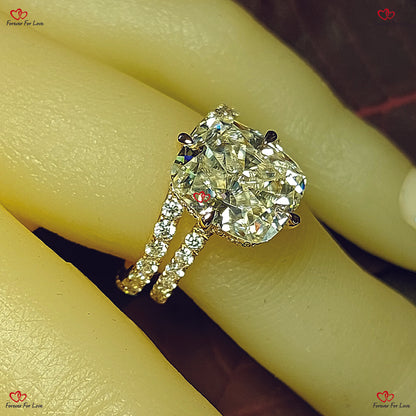 Unique Elongated Cushion Cut Moissanite Bridal Set – Crushed Ice Modern Vintage Engagement Ring in Solid Gold