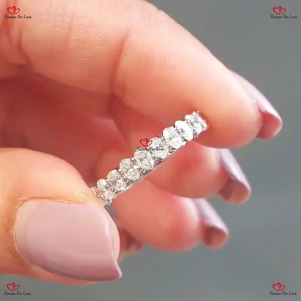 Diamond Oval Cut Wedding Band for Women | Half Eternity Band | Unique Yellow Gold Vintage Bridal Promise Gift | Stacking Ring