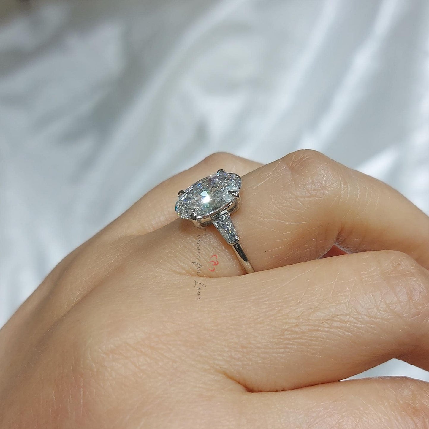 4 Ct IGI Certified Oval Lab Diamond Three Stone With Baguette Accents Ring Oval cut Moissanite engagement ring in Gold or Platinum — custom handcrafted by Forever For Love