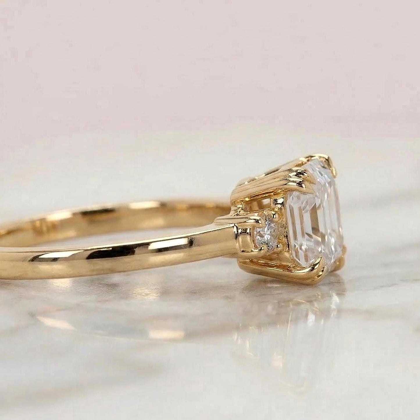 Asscher Lab Diamond Three Stone Engagement Ring Asscher cut Moissanite engagement ring in Gold or Platinum — custom handcrafted by Forever For Love
