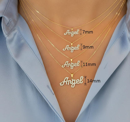 Halskette mit Namen aus 14K massivem Gold, Labor-Diamant mit Lünettenfassung, Gold, Silber, Roségold, personalisiertes Geschenk für sie