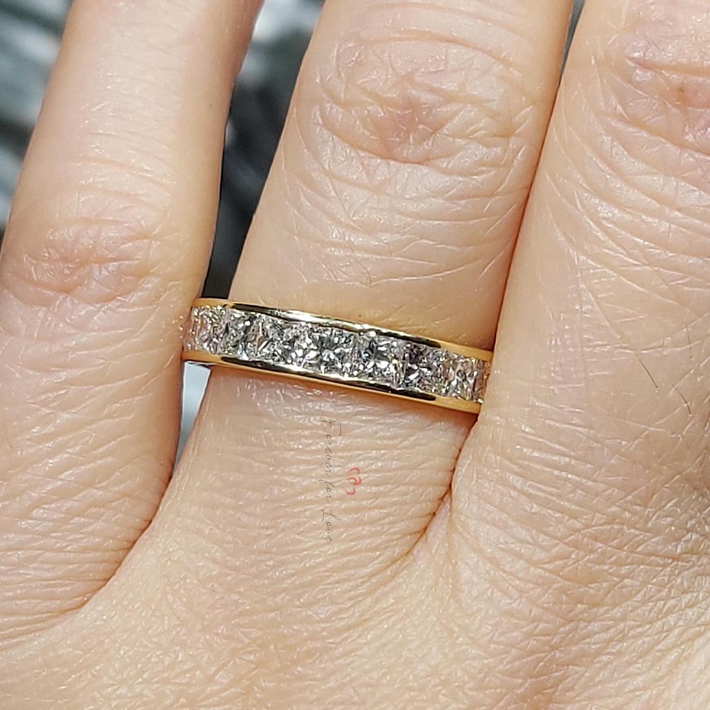 Princess Cut Diamond Half Eternity Ring 2.1 mm 18k 14k natural Wedding Band Channel Setting. Yellow Rose White Gold Platinum certified. Princess cut Moissanite Brilliant Cut engagement ring in 935 Argentium Silver — custom handcrafted by Forever For Love