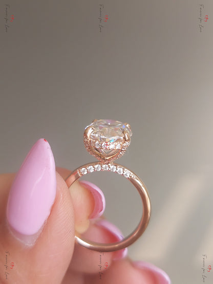 7 Ct Oval Diamond, Moissanite Hidden Halo Engagement Ring