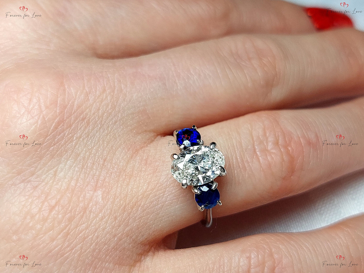 2 Ct Oval Sapphire & Diamond Engagement Ring Oval cut 1Ct Natural Sapphire engagement ring in 935 Argentium Silver — custom handcrafted by Forever For Love