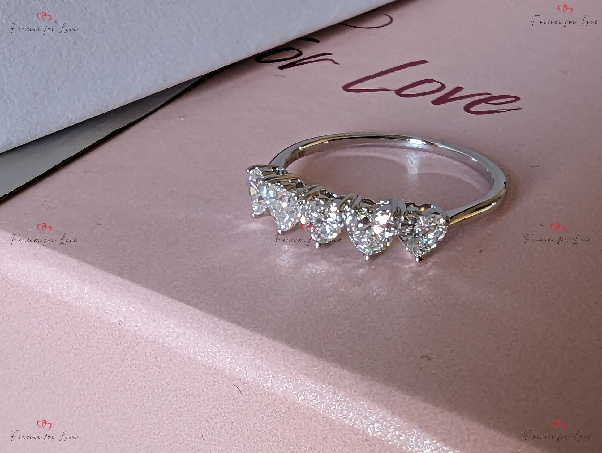 Solid gold Heart Five Stone Heart Cut Diamond Ring, Five Stone Wedding Band- Lab-Grown Diamond Ring Wedding band.