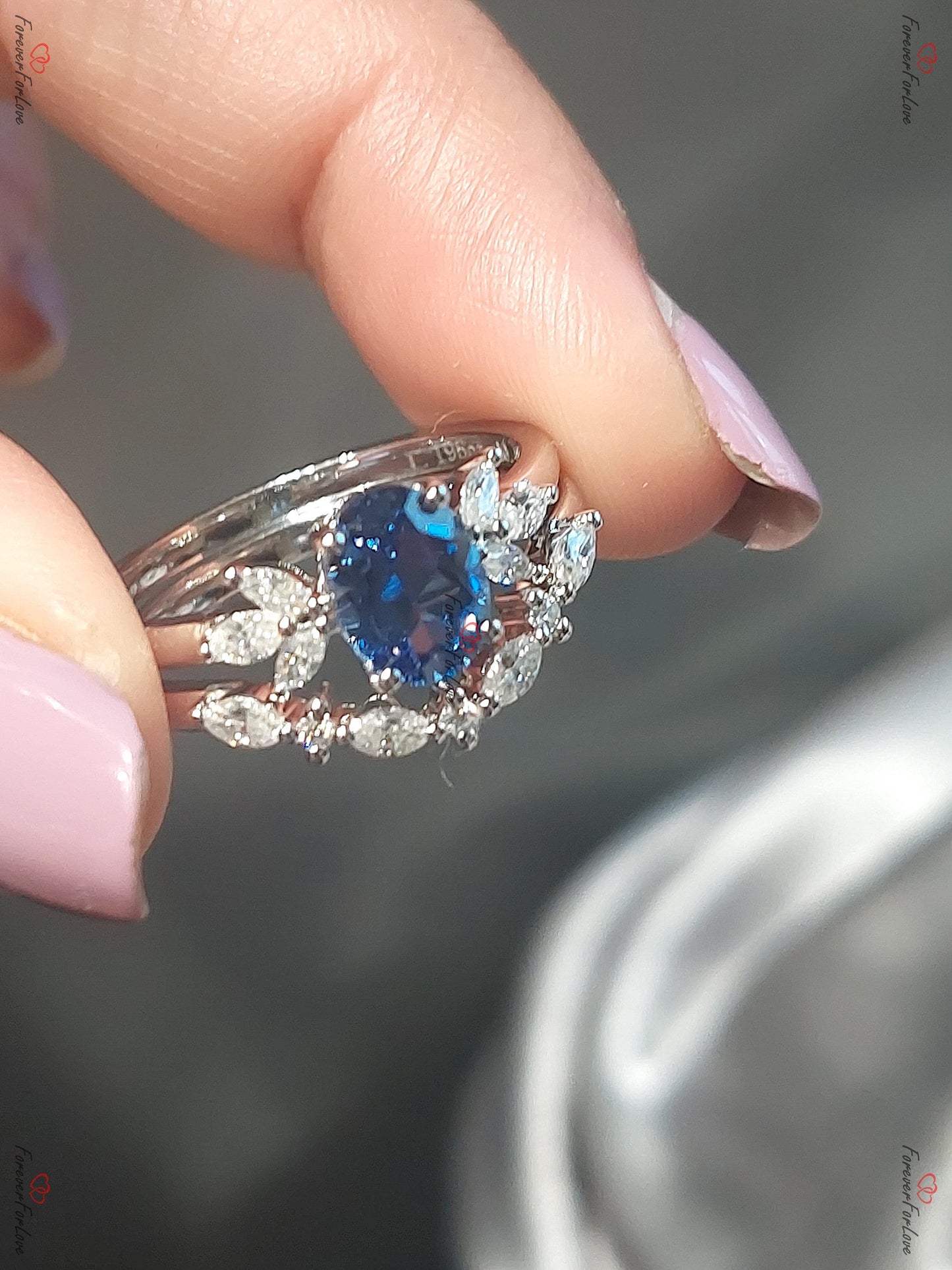 1.5 Ct Marquise Blue Sapphire Art Deco Bridal Set Marquise cut Natural Sapphire engagement ring in 935 Argentium Silver — custom handcrafted by Forever For Love