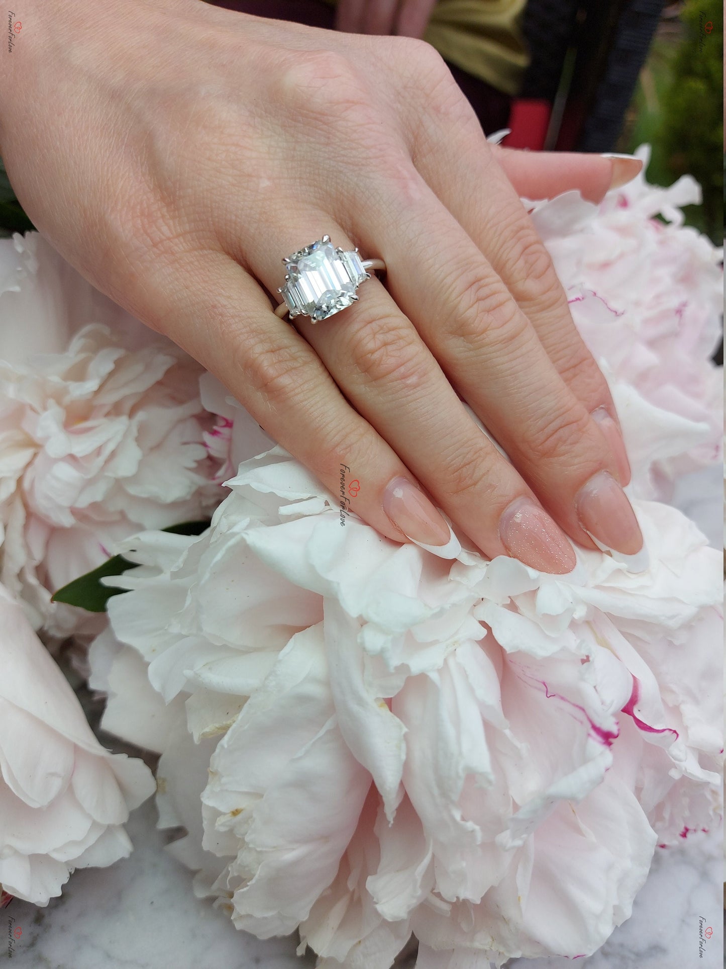 5 Ct Emerald Moissanite Trapezoid Three Stone Ring Emerald cut Moissanite engagement ring in Gold or Platinum — custom handcrafted by Forever For Love