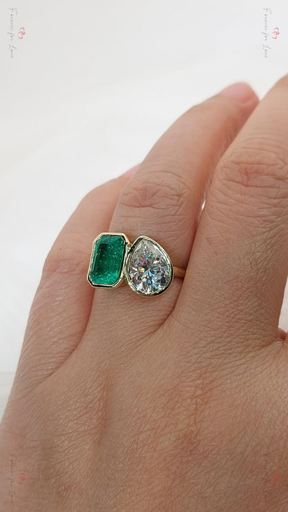 Baguette Diamond, Emerald Three Stone Ring