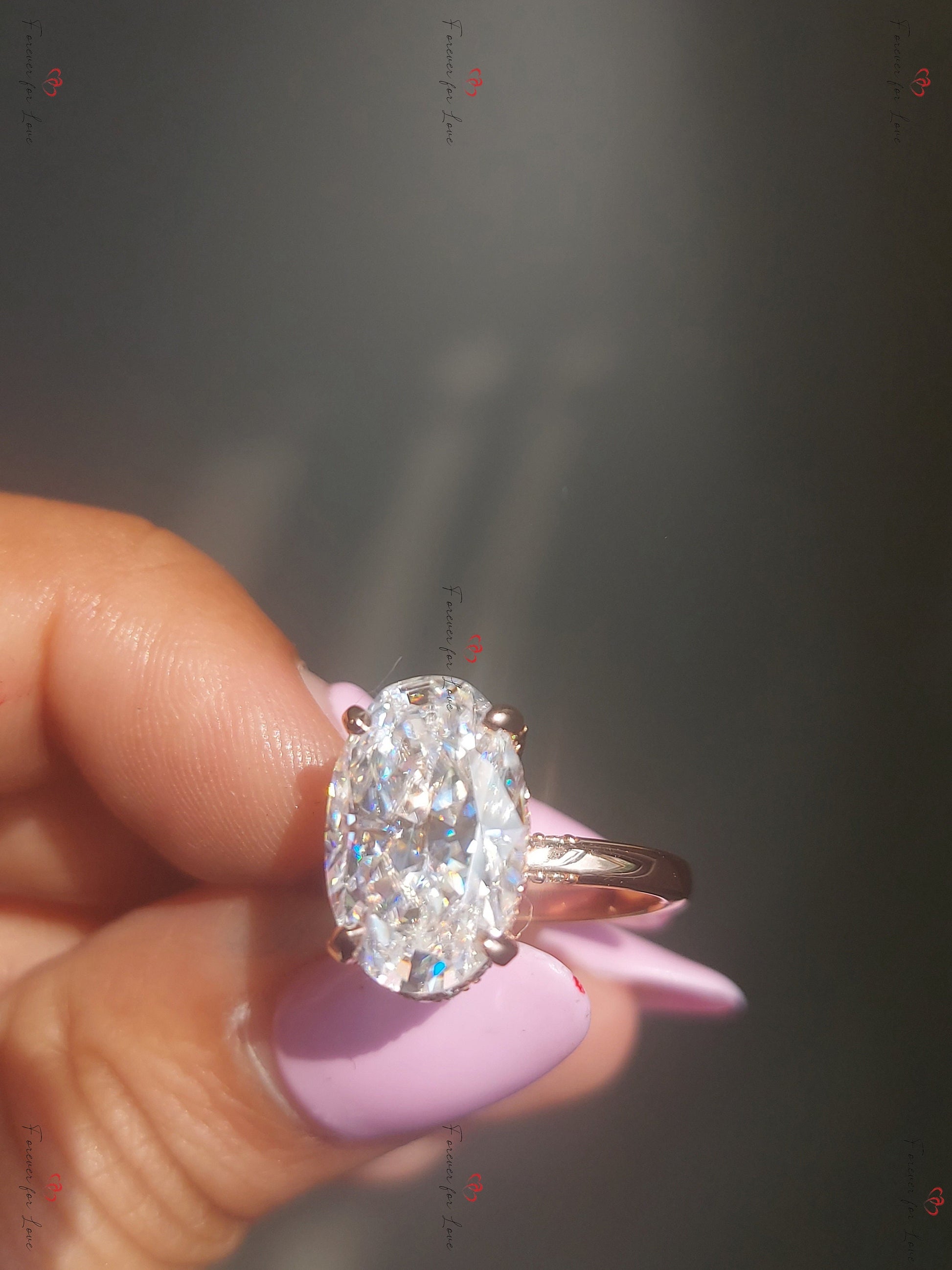 7 Ct Oval Diamond, Moissanite Hidden Halo Engagement Ring