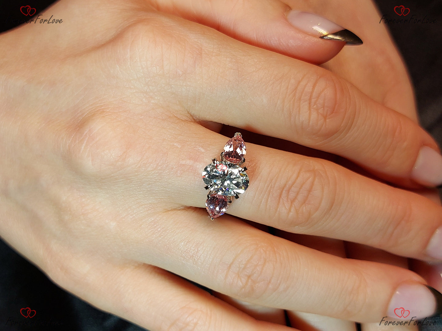 2.5 Ct Oval Pink Moissanite, Sapphire Three Stone Engagement Ring Oval cut Moissanite engagement ring in Gold or Platinum — custom handcrafted by Forever For Love
