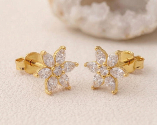 14k Marquise Diamond Flower Stud Earrings, Floral Gold Studs, Dainty Everyday Diamond Earrings, Minimalist Jewelry, Perfect gift