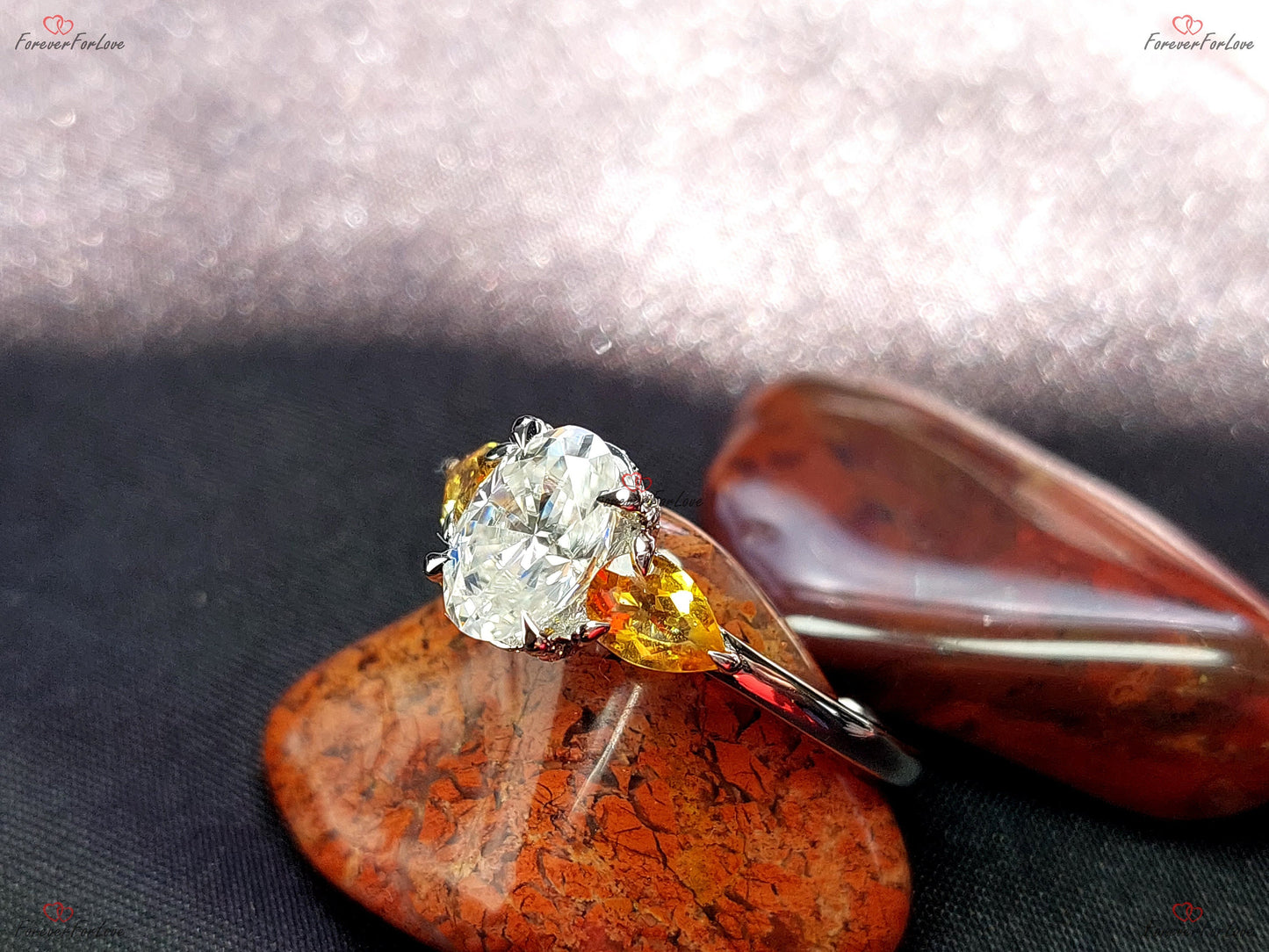 Oval Moissanite, Citrine Three Stone Engagement Ring Oval cut Moissanite engagement ring in Gold or Platinum — custom handcrafted by Forever For Love