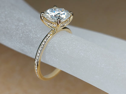 1.7 Ct Cushion Diamond, Moissanite Hidden Halo Engagement Ring
