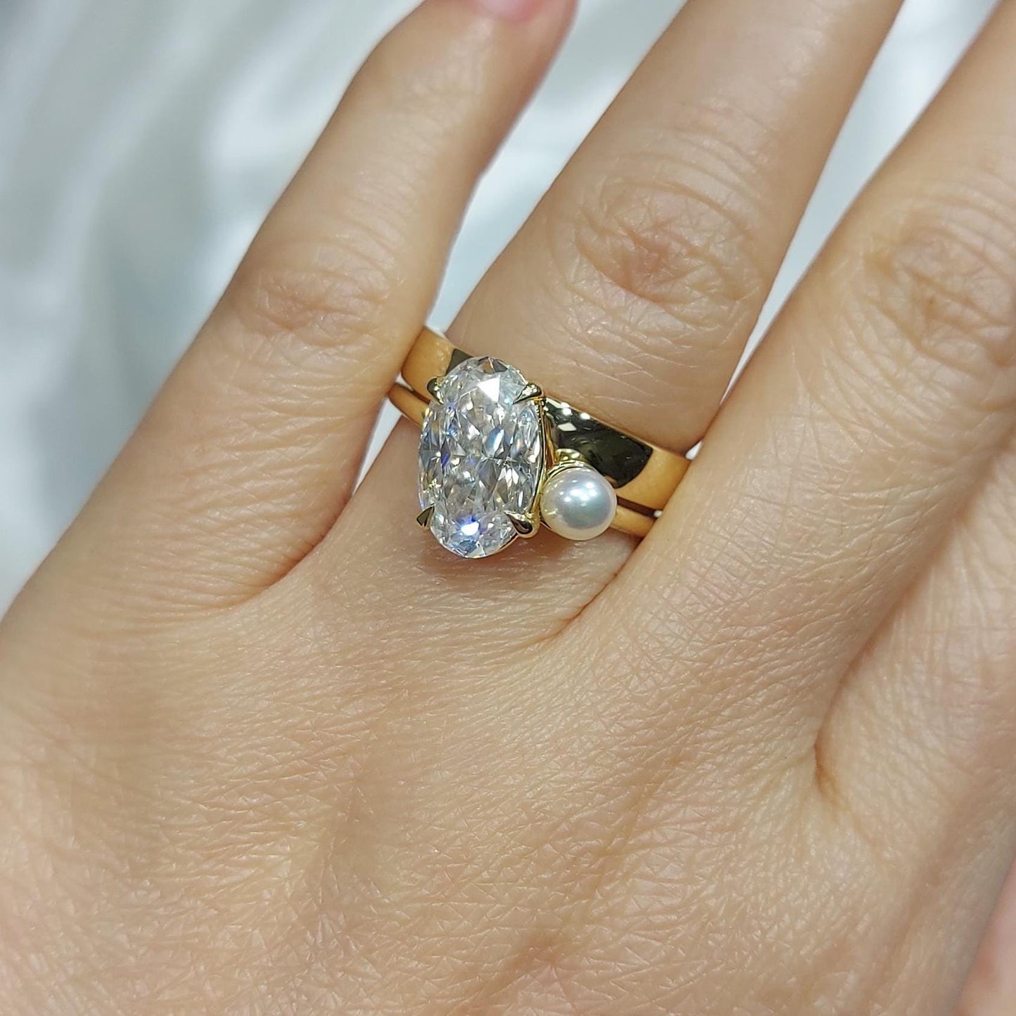 4 Ct Oval Moissanite, Pearl Engagement Ring Oval cut Moissanite Brilliant Cut engagement ring in 935 Argentium Silver — custom handcrafted by Forever For Love