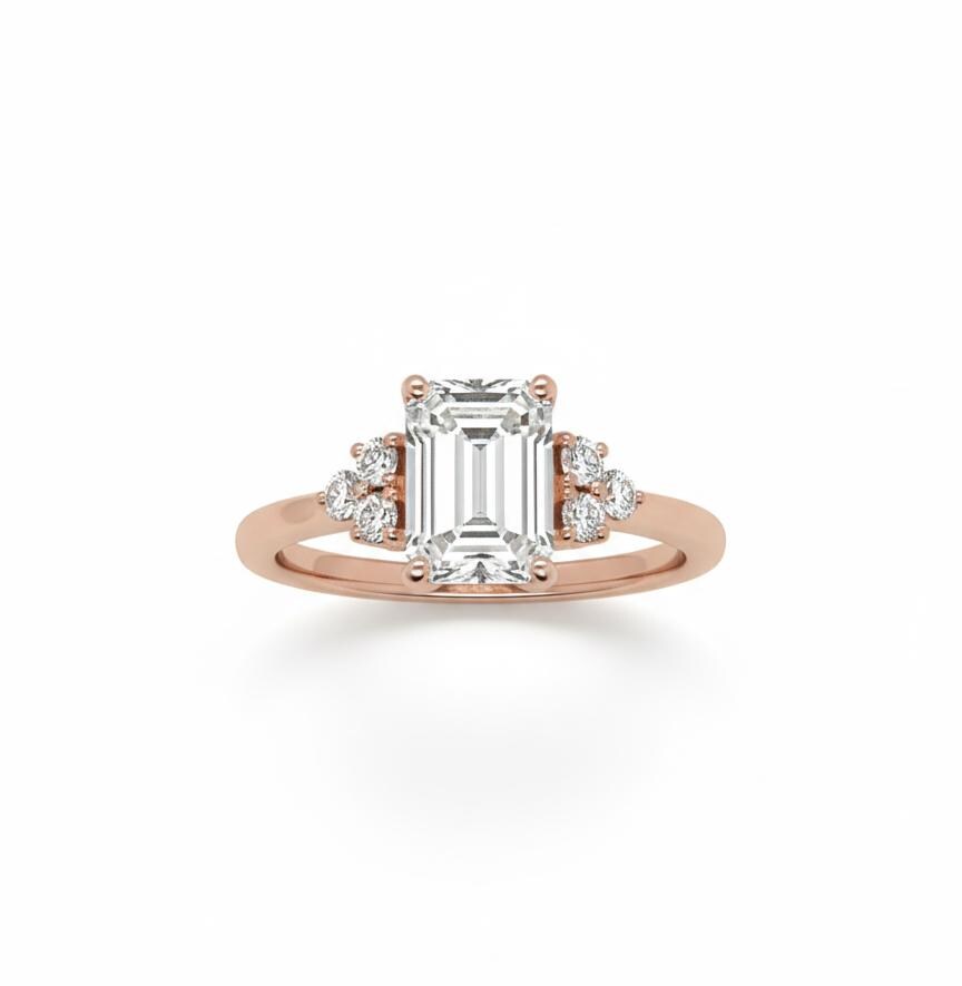 Verlobungsring mit drei Smaragdschliff-Diamanten Emerald cut Moissanite engagement ring in Gold or Platinum — custom handcrafted by Forever For Love