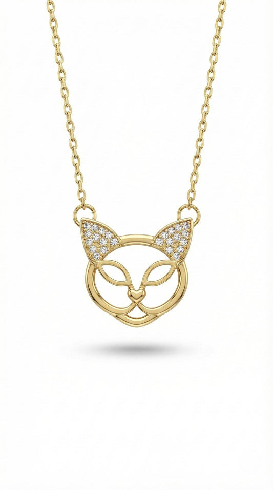 Solid Gold Cat Necklace, 14k Yellow Gold, Dainty Minimalist cat Pendant, Dainty Womens Necklace, Special Gift For Her.