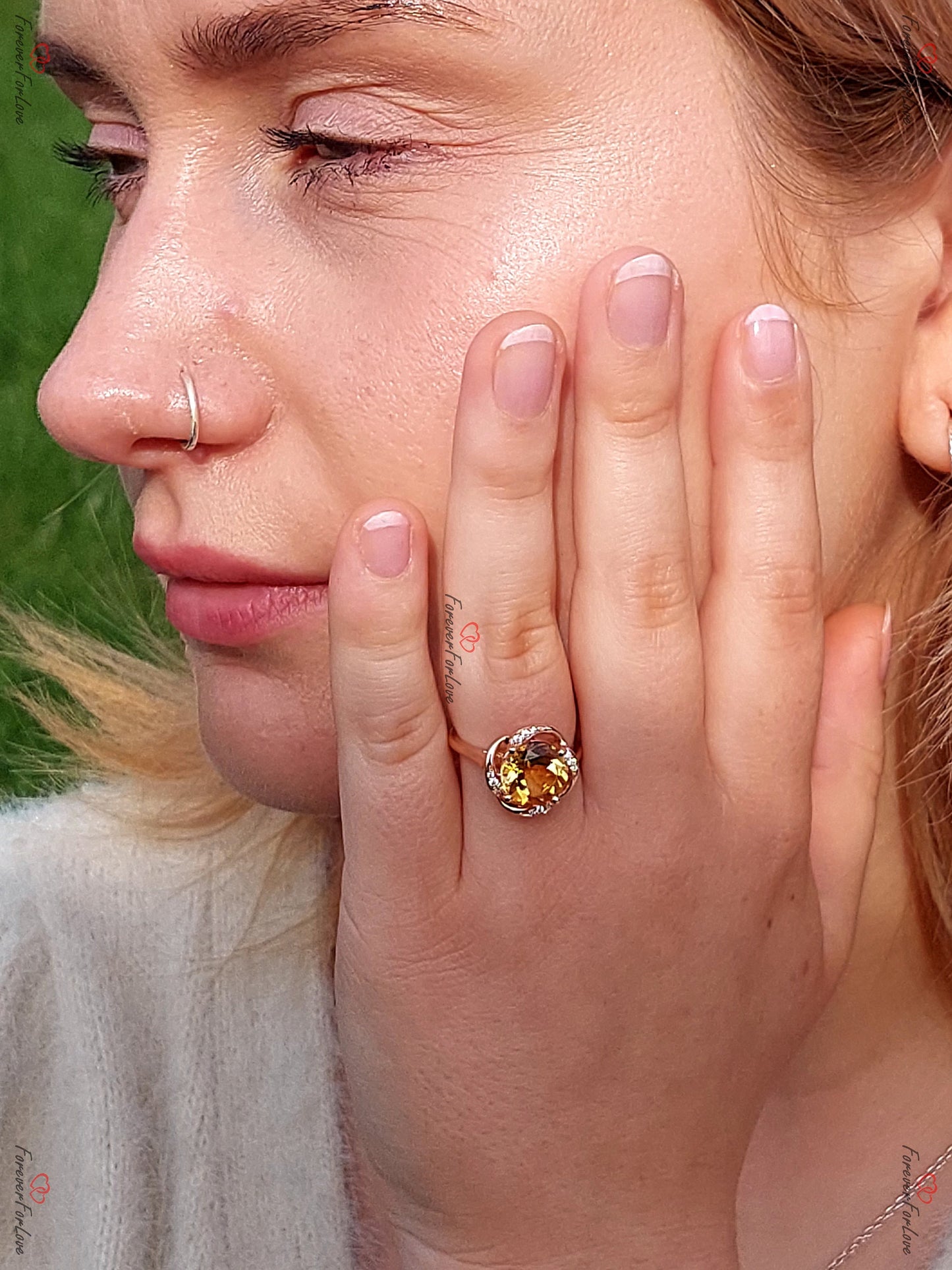Round Natural Diamond, Citrine Ring Round cut Moissanite engagement ring in Gold or Platinum — custom handcrafted by Forever For Love