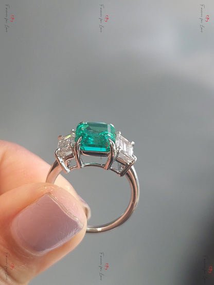 Emerald and moissanite engagement wedding set handmade in white/rose/yellow gold or platinum Emerald bridal ring set Emerald Proposal Ring