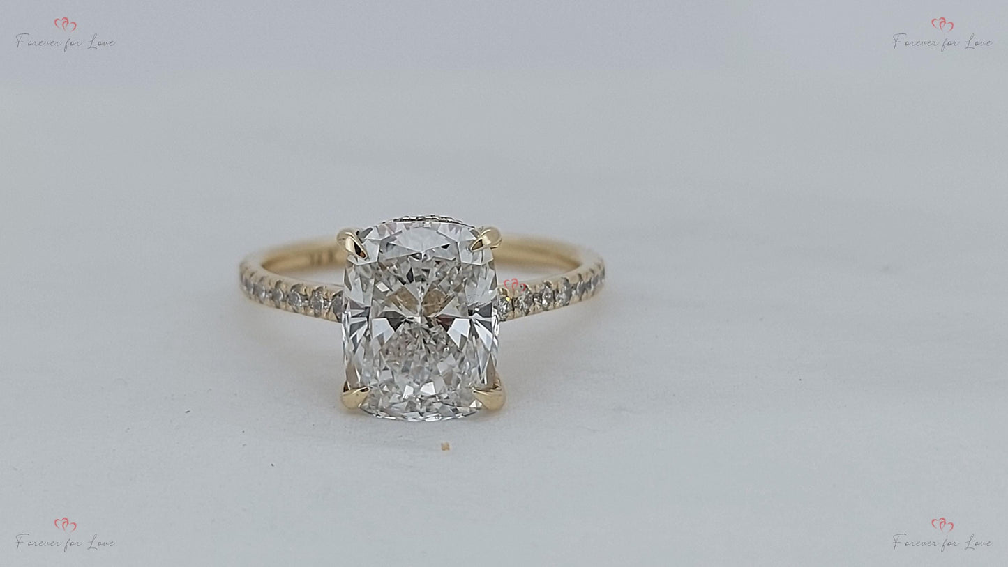 3 Ct IGI Certified Cushion Lab Diamond Hidden Halo Engagement Ring Cushion cut 1Ct Moissanite Brilliant Cut engagement ring in 935 Argentium Silver — custom handcrafted by Forever For Love