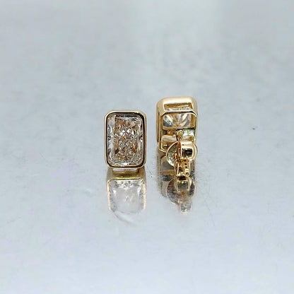 4 Carat Radiant Cut Bezel Setting Lab Grown Diamond Stud Earrings: 14K Yellow Gold, Perfect Gift for Her.