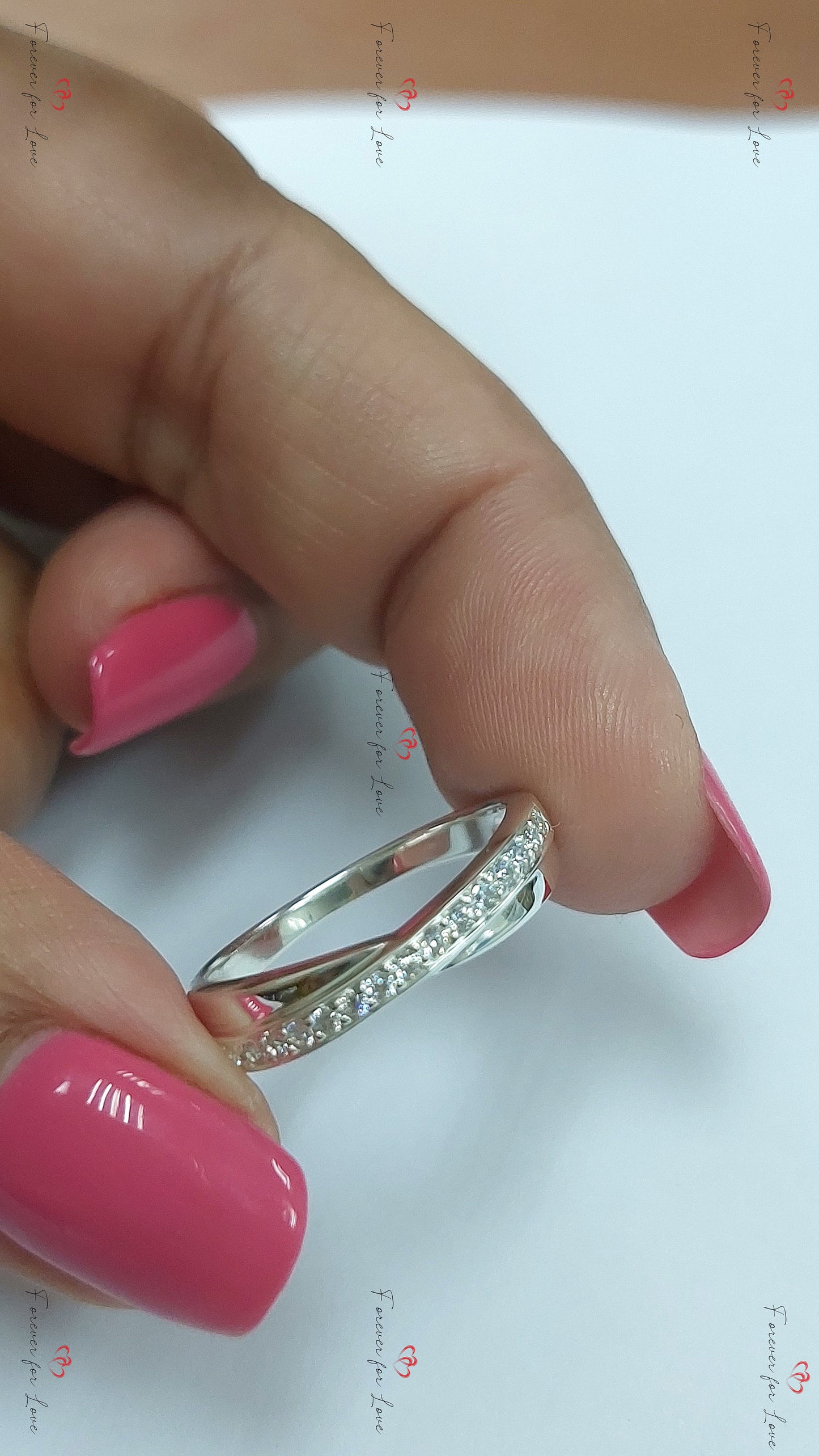 Twist Diamond Eternity Band Round cut Moissanite Brilliant Cut engagement ring in 935 Argentium Silver — custom handcrafted by Forever For Love