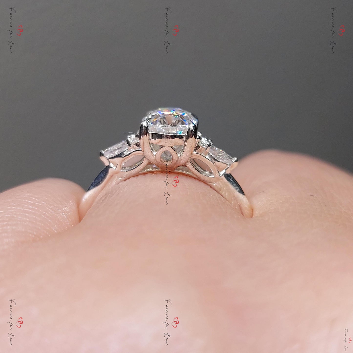 Oval Moissanite Three Stone Engagement Ring Oval cut Moissanite engagement ring in Gold or Platinum — custom handcrafted by Forever For Love