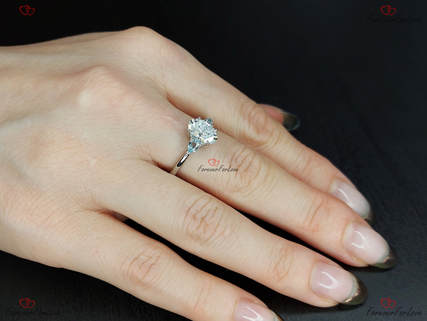 1.5 Ct Oval Moissanite Engagement Ring with Topaz Accents Oval cut 1Ct Moissanite Brilliant Cut engagement ring in 935 Argentium Silver — custom handcrafted by Forever For Love