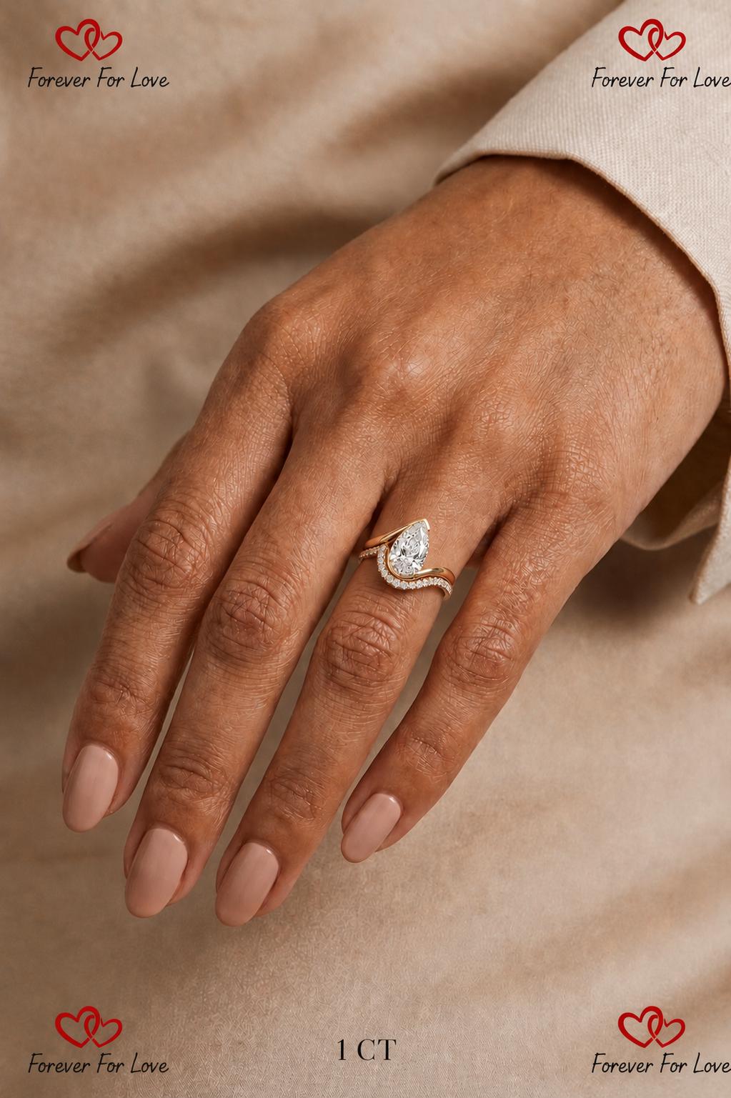 2 Ct IGI Certified Pear Lab Diamond Wedding Band Pear cut Moissanite Brilliant Cut engagement ring in 935 Argentium Silver — custom handcrafted by Forever For Love