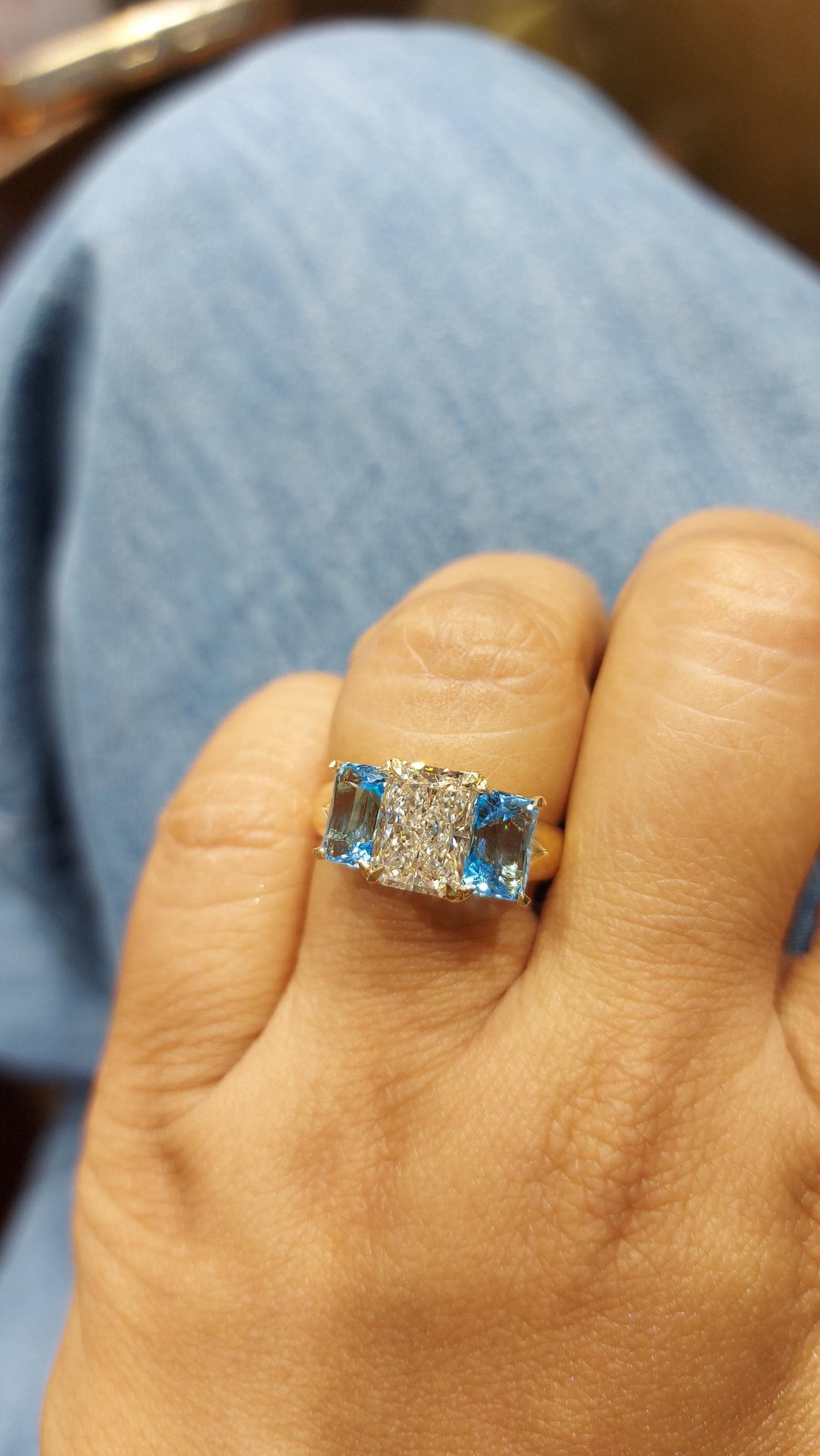 2 Karat Radiant Diamant Drei-Stein-Verlobungsring Radiant cut Moissanite engagement ring in Gold or Platinum — custom handcrafted by Forever For Love