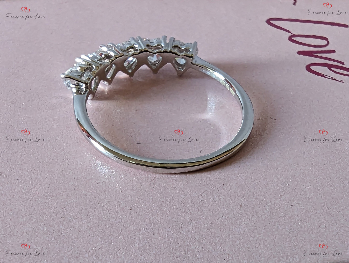 Solid gold Heart Five Stone Heart Cut Diamond Ring, Five Stone Wedding Band- Lab-Grown Diamond Ring Wedding band. Heart cut Moissanite Brilliant Cut engagement ring in 935 Argentium Silver — custom handcrafted by Forever For Love