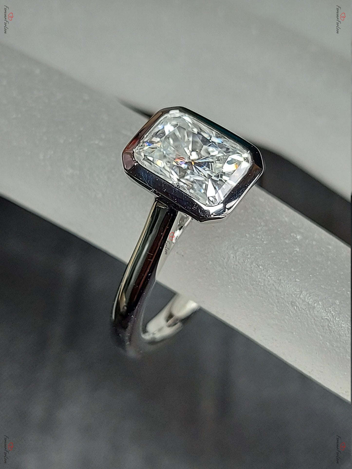 1.5 Ct Radiant Moissanite Solitaire Engagement Ring Radiant cut 1Ct Moissanite Brilliant Cut engagement ring in 935 Argentium Silver — custom handcrafted by Forever For Love