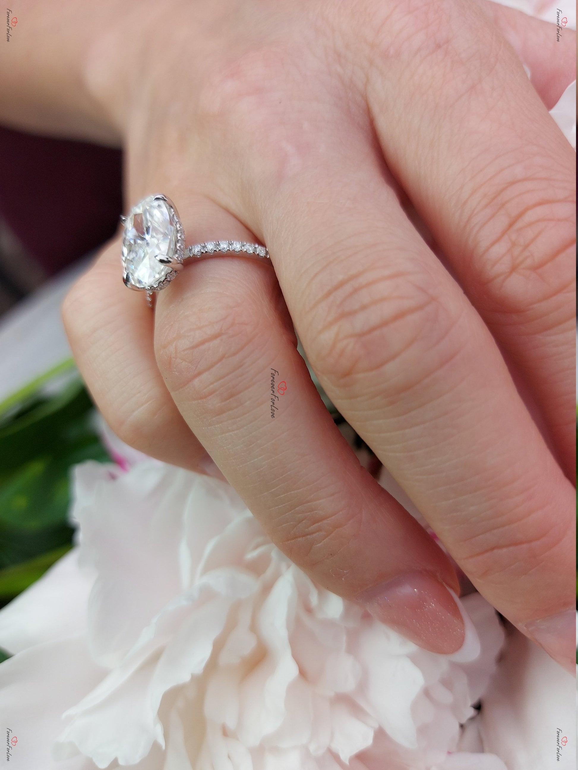 5 CT Crushed Ice Oval Moissanite Engagement Ring: 14k White Gold Hidden Halo